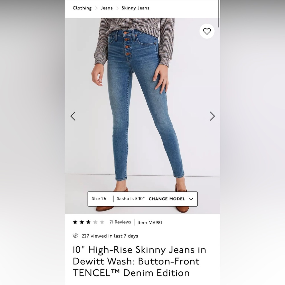 Madewell 10" High-Rise Skinny Jeans With Button-Front - Size 27